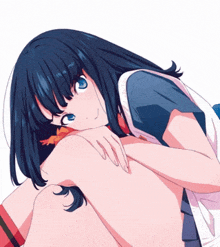 a drawing of a girl with blue eyes laying on her knees