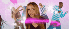 a group of young people are dancing in a pink background
