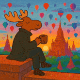 a moose sits on a ledge holding a cup of coffee