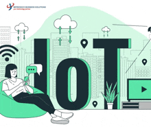 a woman sits on a bean bag chair looking at her phone with the word iot behind her