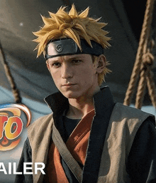 a young man with a headband on his head is standing in front of a boat .