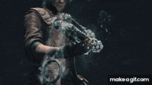 a video game character is holding a gun in his hand