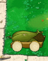 a cartoon drawing of a green vegetable with wheels