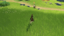 a video game character is standing in a field of grass with a yellow explosion in the background