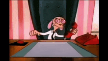 a cartoon dog is sitting at a desk talking on a phone