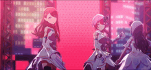 three anime girls are dancing together on a stage