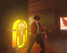 a man in a cowboy hat stands in front of a jukebox
