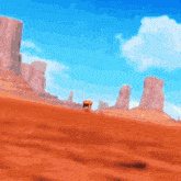 a painting of a desert landscape with mountains and a blue sky