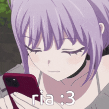 a girl with purple hair is looking at a cell phone with the words ria : 3 on the bottom