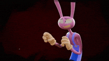 a pink cartoon bunny with blue overalls and a sad face