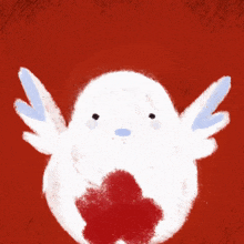 a white bird with blue wings holds a red heart
