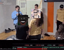a group of people are gathered in a room and one of them is wearing a yellow shirt that says weasel on it