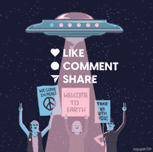 a poster that says like comment share with a flying saucer in the background