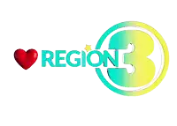 a green and yellow logo for region 3 with a red heart in the background
