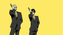 two men in suits and ties are holding guns in their hands on a yellow background .