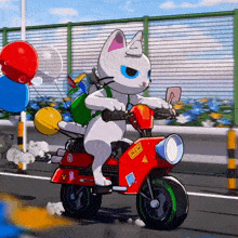 a white cat is riding a red scooter with a new sticker on the front