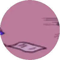 a purple circle with a cartoon character on it and a piece of paper on the ground .
