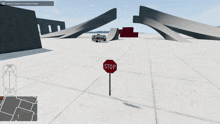 a stop sign in a video game with a bus behind it
