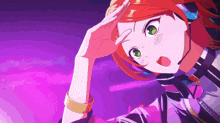 a girl with red hair and green eyes is wearing a hat with the letter y on it