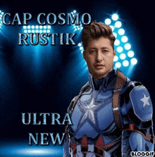 a man in a captain america costume is standing in front of a blue background with lights .