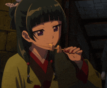 a girl with green hair and purple eyes is holding a skewer in her mouth
