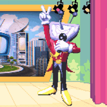 a pixel art of a cartoon character holding a microphone