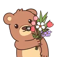 a cartoon of a bear holding a bouquet of flowers with a video playing in the background