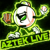 an aztek live logo with a baseball mascot holding a ball