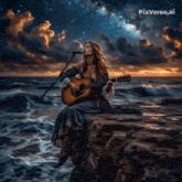 a woman is singing into a microphone while holding a guitar