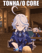 a cartoon character with white hair is sitting at a table with the words tonha / o core on the bottom