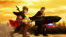 a couple of cartoon characters holding swords in front of a sunset