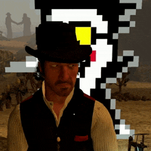 a man wearing a top hat is standing in front of a pixelated image