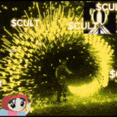 a girl in a red hood is standing in front of a fireworks display that says ' $ cult '