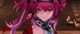 a girl with purple hair is standing next to another girl in a red cape