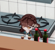 a cartoon girl is standing in front of a stove with bottles of wine