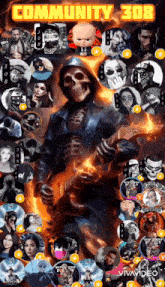 a poster of a skeleton holding a guitar with the words community 308 on the top