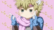 a cartoon character with a scarf around his neck is pointing at something with his finger .