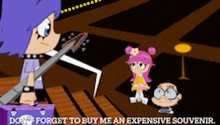 a cartoon of a girl playing a guitar with the words do n't forget to buy me an expensive souvenir below her