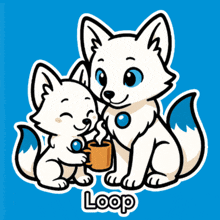 a cartoon illustration of two white foxes with the name loop on the bottom