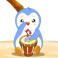 a blue and white penguin playing a drum with a note on it