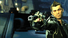 a man in a video game is holding a gun in his right hand