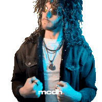 a man with long curly hair is wearing sunglasses and a black jacket with the word mcdh on the bottom