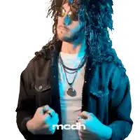a man with long curly hair is wearing sunglasses and a black jacket with the word mcdh on the bottom