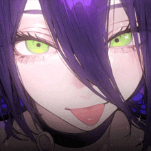 a close up of a girl with purple hair and green eyes sticking out her tongue