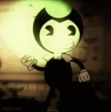 bendy from bendy and the ink machine is standing in a dark room with a green light behind him .