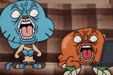 two cartoon characters are sitting on a couch with their mouths open and one is holding a laptop