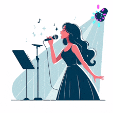 an illustration of a woman singing into a microphone with the words singing queen on the bottom