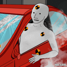 a cartoon of a crash test dummy in a car with smoke coming out of the door