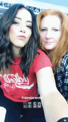 two women are posing for a picture with the number 750 on the bottom right
