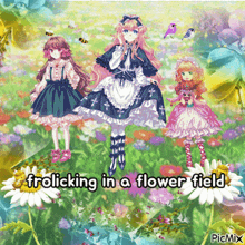 a picture of three anime girls standing in a flower field